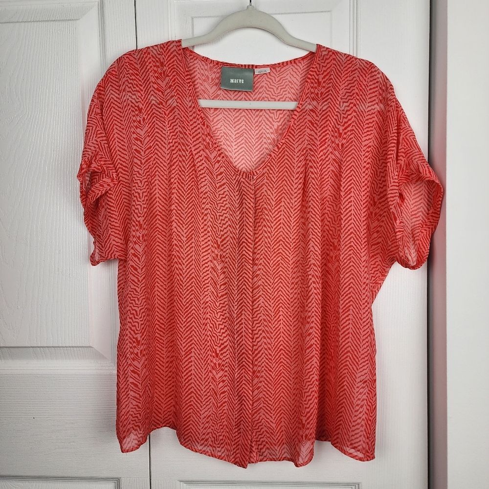Anthropologie Maeve Silk Blouse M Coral Orange Chevron Print Short Sleeve Boho - Picture 15 of 15